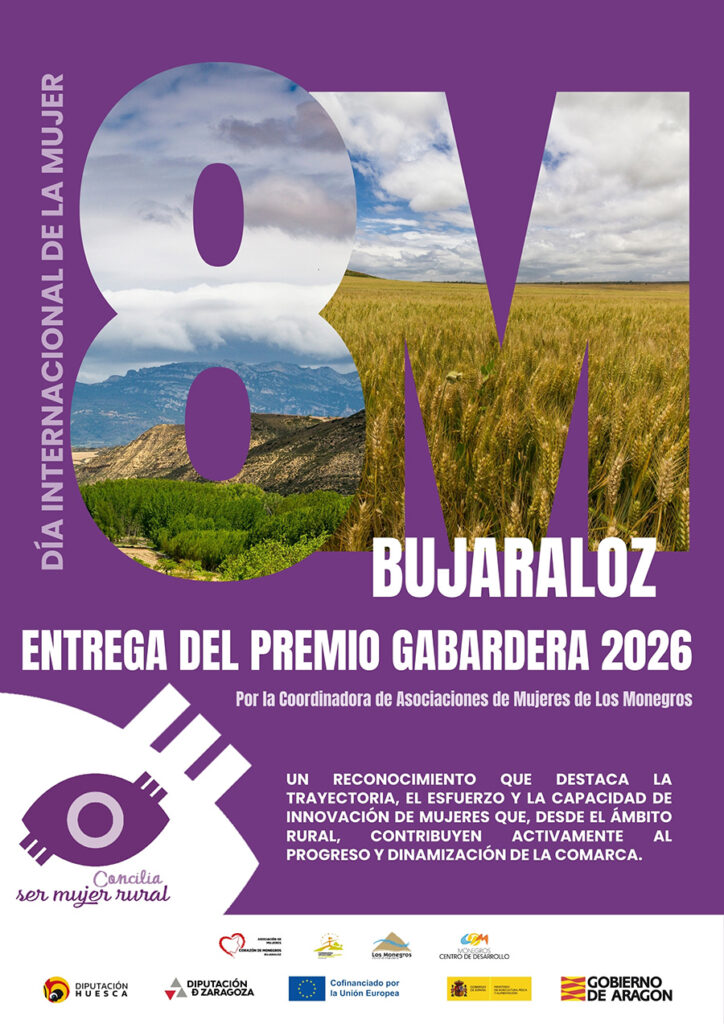 La Coordinadora de Asociaciones de Mujeres de Los Monegros celebrará el próximo 8 de marzo en Bujaraloz la Entrega del Premio Gabardera 2026, un reconocimiento que distingue la trayectoria, el esfuerzo y la capacidad de innovación de mujeres o colectivos que, desde el ámbito rural, contribuyen activamente al progreso y dinamización de la comarca.