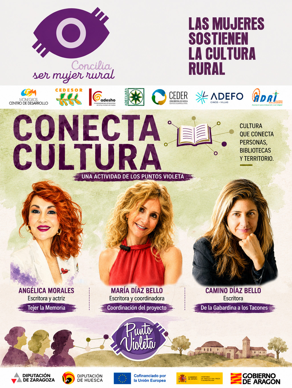 Las escritoras Angélica Morales y María Díaz Bello abrirán el próximo 16 de junio en la Biblioteca Municipal de Tardienta el programa Conecta Cultura, una nueva iniciativa de los Puntos Violeta del Proyecto Concilia-Ser mujer rural