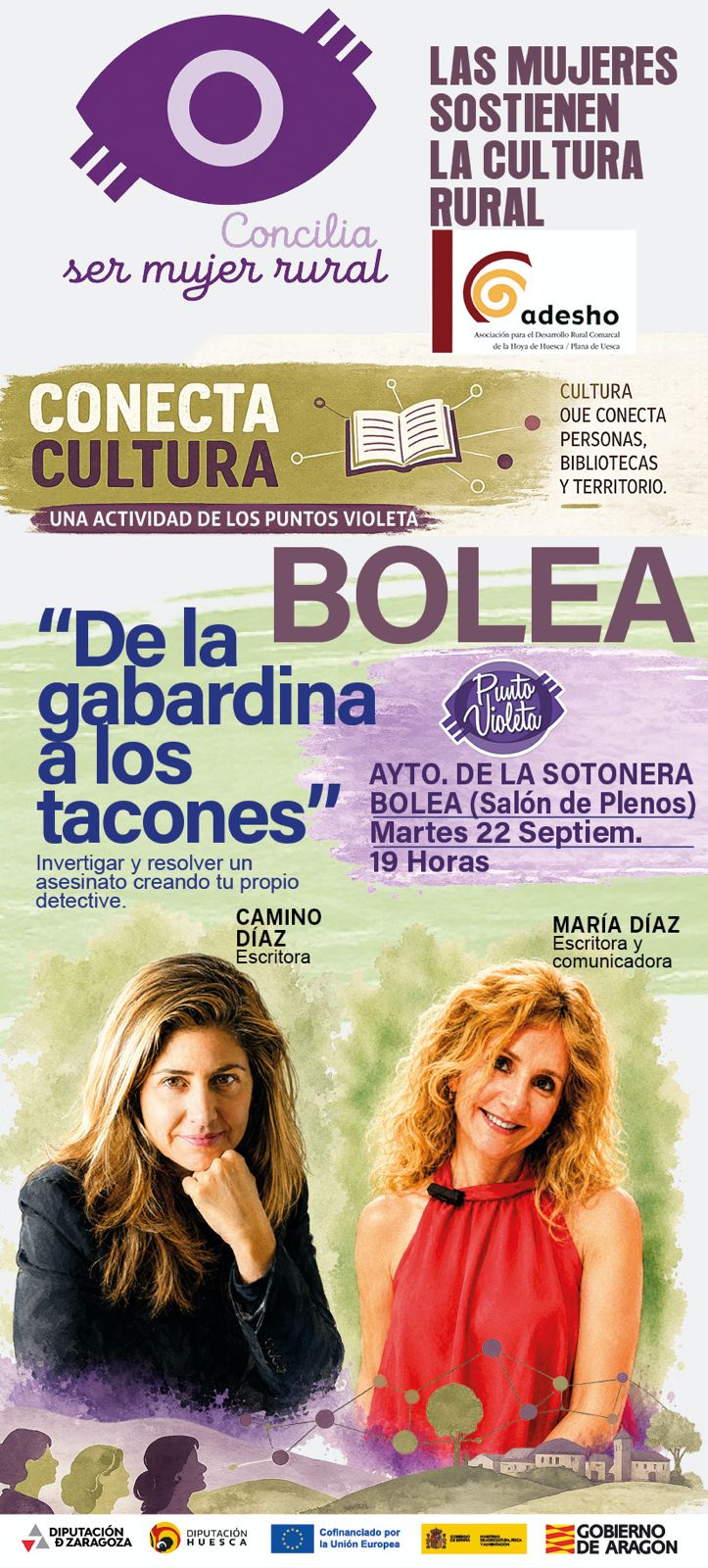 La escritora Camino Díaz Bello dirigirá el martes 22 de septiembre una nueva sesión de escritura creativa dentro del programa “Conecta Cultura”. El taller “De la gabardina a los tacones. Las mujeres también llevan pistola” se desarrollará en Bolea a las 19:00 horas, con acceso libre.